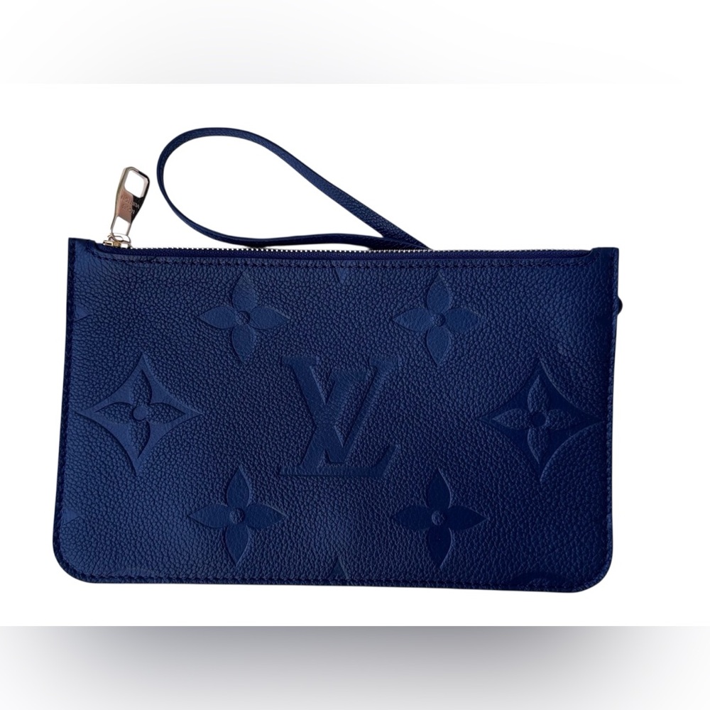 NEW Louis Vuitton Neverfull POCHETTE Navy embossed Monogram Empreinte leather - Picture 2 of 16